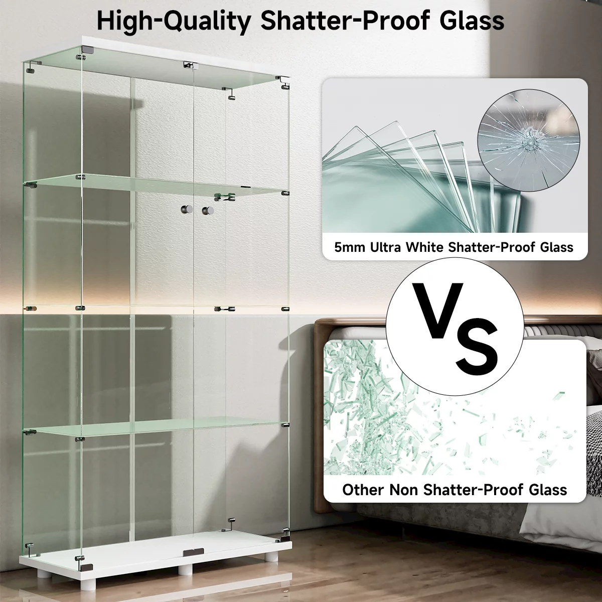 Two-door Glass Display Cabinet, Fast Installation in 50 Mins, Glass Curio Cabinets Bookshelf Display Case for Living Room Bedroom Kitchen
