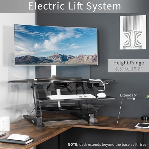 VIVO 43 inch Corner Electric Height Adjustable Cubicle Stand Up Desk Converter, VE Series, Sit to Stand Tabletop Dual Monitor Riser with USB Port