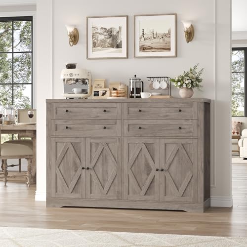 HOSTACK 55" Coffee Bar with 4 Large Drawers, 40" Tall Buffet Cabinet with Storage, Kitchen Storage Cabinet, Modern Farmhouse Sideboard Buffet