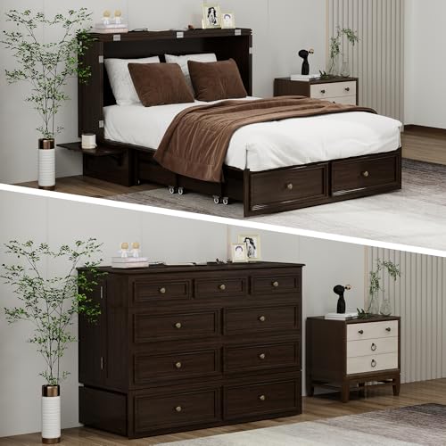 Murphy Bed Cabinet Full, Solid Wood Murphy Bed with 2 USB & 2 Charging Ports, Large Storage Drawer for Home Office or Small Space