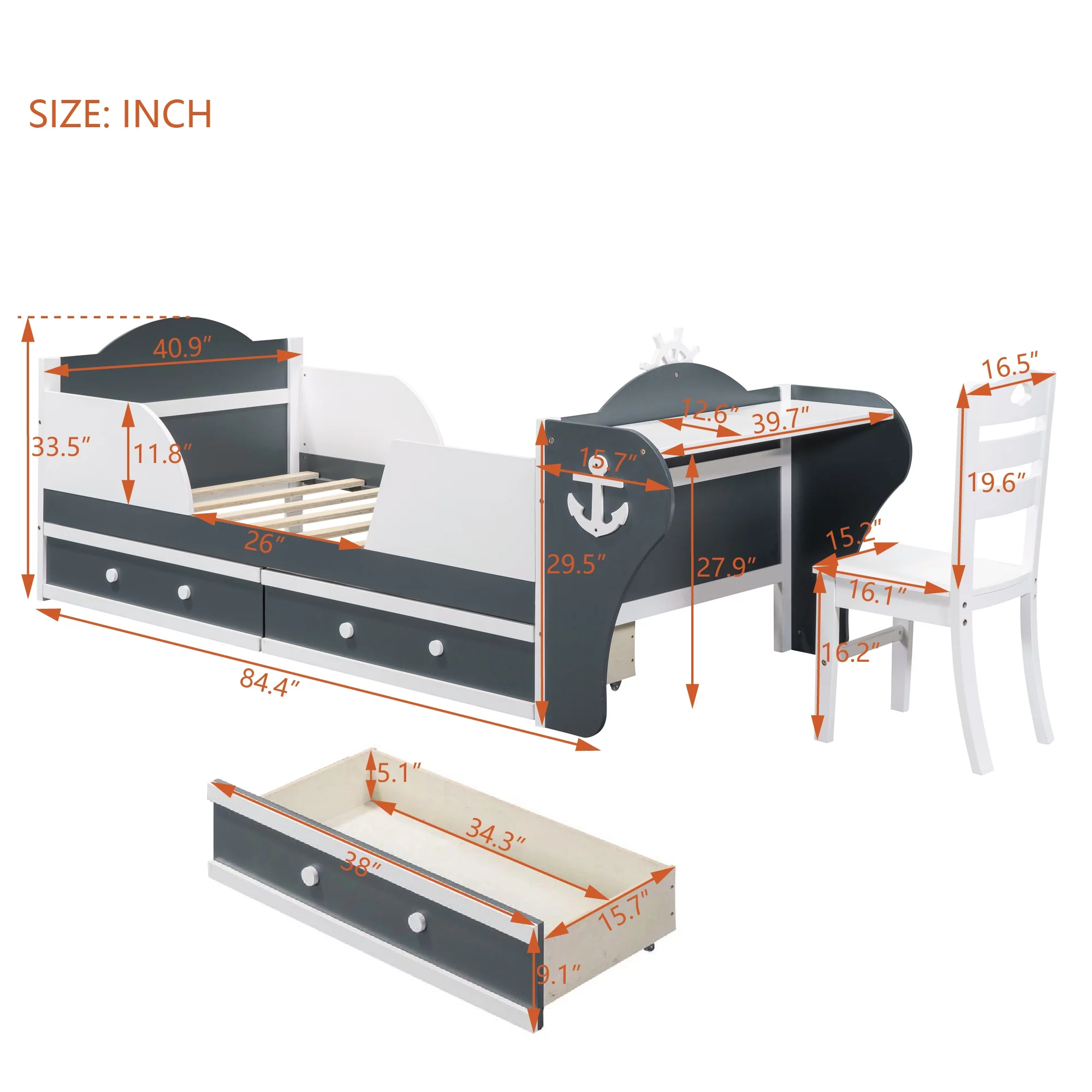 CoSoTower Twin Size Boat-Shaped Platform Bed with Two Drawers,Twin Bed with Desk and Chair for Bedroom,White+Gray