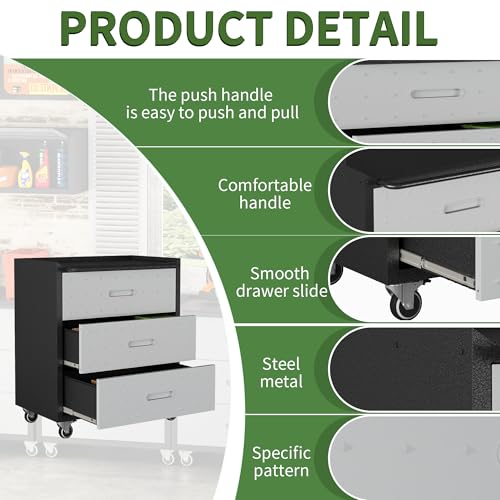 Metal Garage Storage Cabinet with Wheels,Locking Rolling Tool Cabinet with Drawers and Shelves for Home, Office, Garage & Workshop