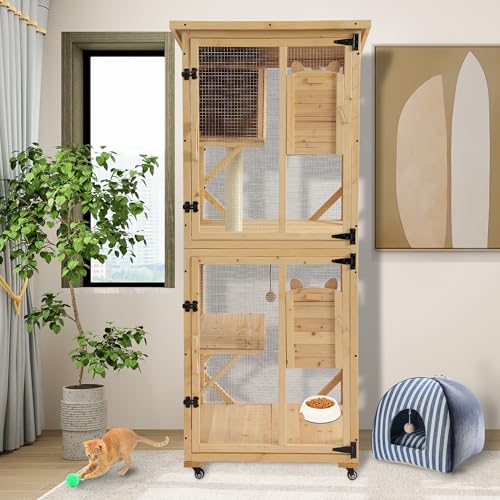 71" H Cat Catio Outdoor Cat Enclosure Window, 4 Tiers Cats Wooden House Cage on Wheels, Large Catios for Cats Indoor Patio with Waterproof Roof
