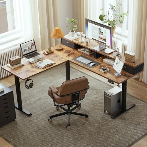 Agilestic L Shaped Electric Standing Desk with 2 Drawers, 63 Inch Ergonomic Adjustable Height Desk with Storage
