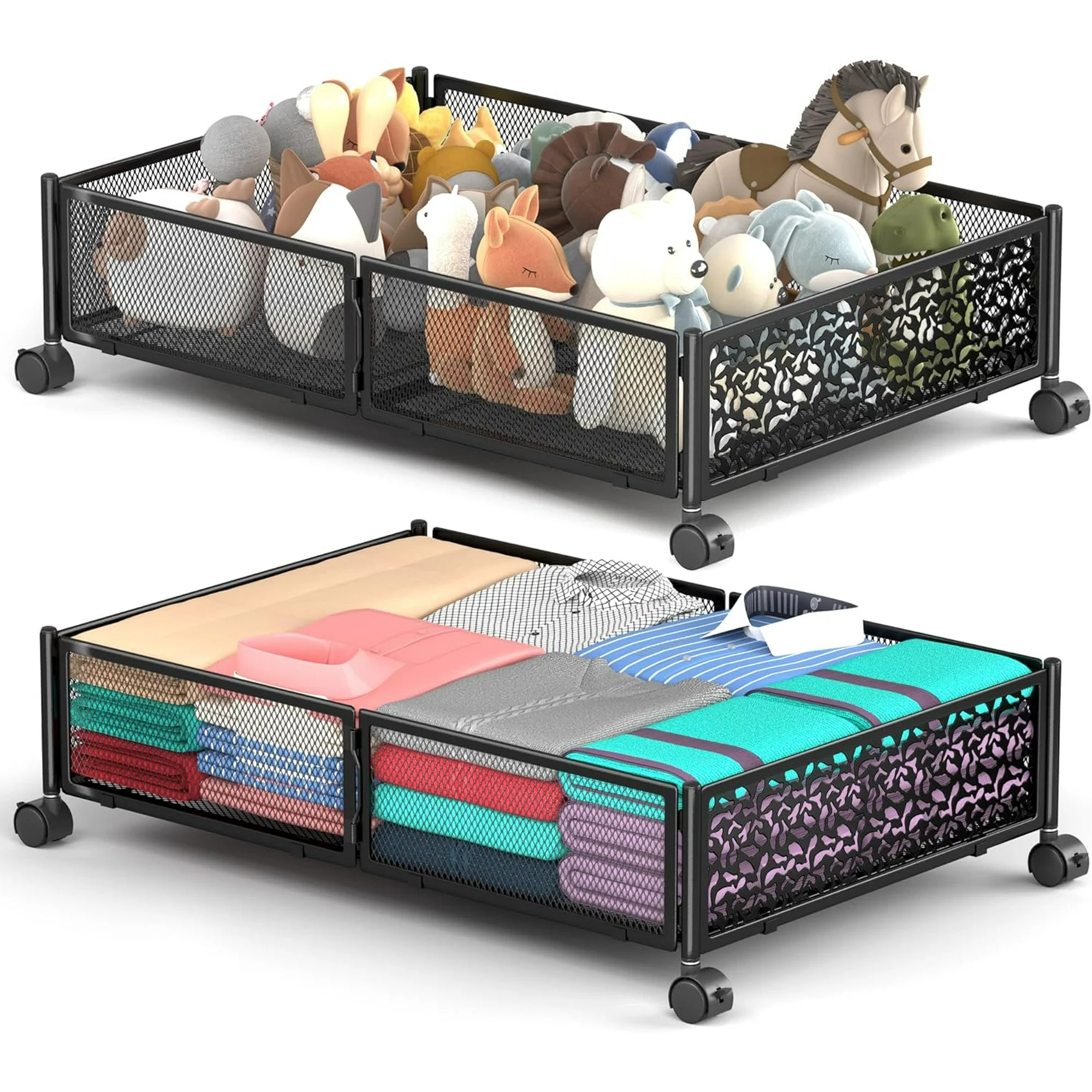 Under Bed Storage with Wheels, 2 Pack Foldable Metal Under Bed Storage Containers, 60L Rolling Underbed Storage