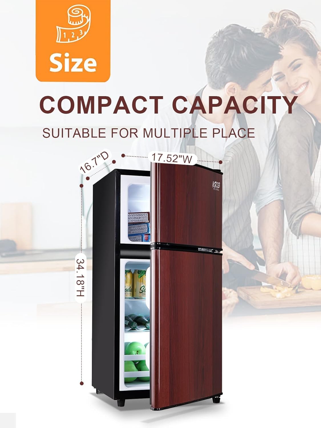 KRIB BLING Mini Fridge With Freezer,Compact Refrigerator With 2 Doors,7- Level Adjustable Thermostat, Removable Glass Shelves For Bedroom, Office