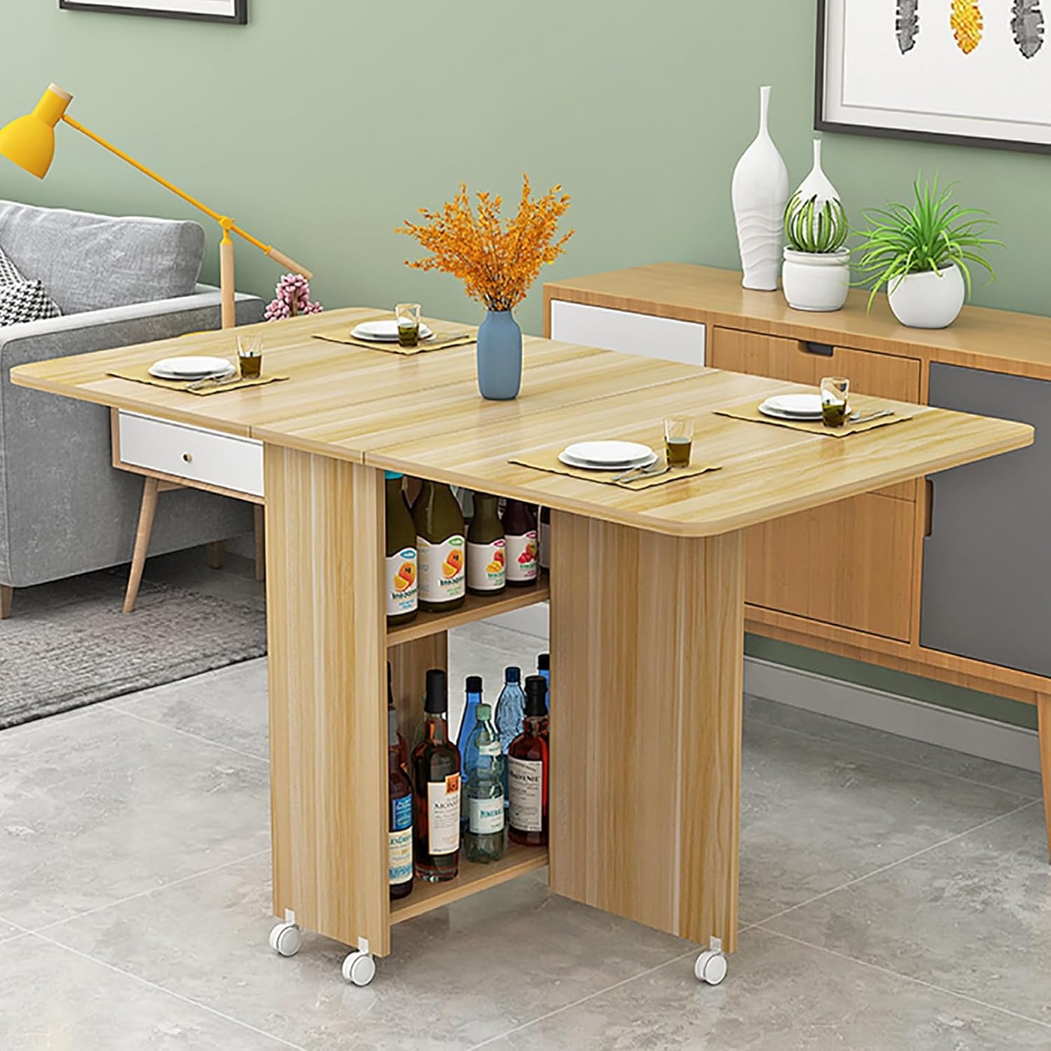 Extendable Drop Leaf Folding Dining Table, Modern Folding Table Drop Leaf Dining Table with 8 Wheels and 2-Layer Storage Shelf