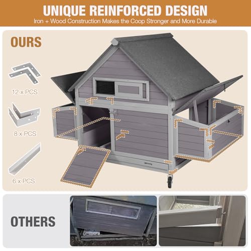 Chicken Coop Large Wooden Chicken Tractor for 6&ndash;8 Chickens, Outdoor Hen House with Metal Run Poultry Cage-Upgraded All Metal Frame