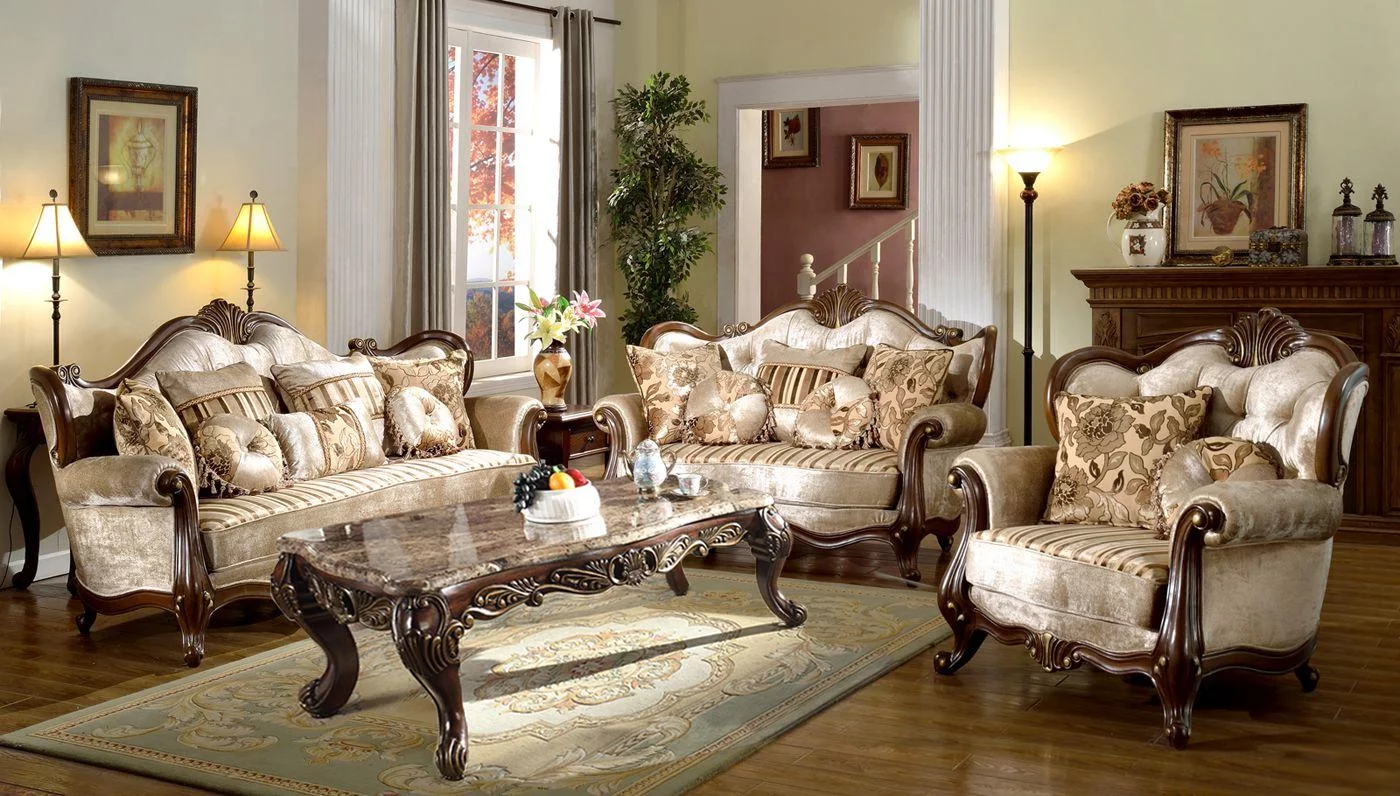 French Beige Chenille Cherry Carved Wood Loveseat McFerran SF8700 Traditional