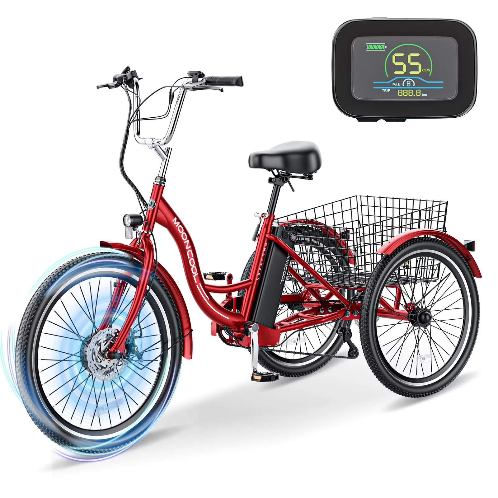 MOONCOOL 350W Motorized Electric Trike, 7 Speed 3 Wheel Electric Bicycle with 36V 14.5Ah Lithium Battery UL Certified