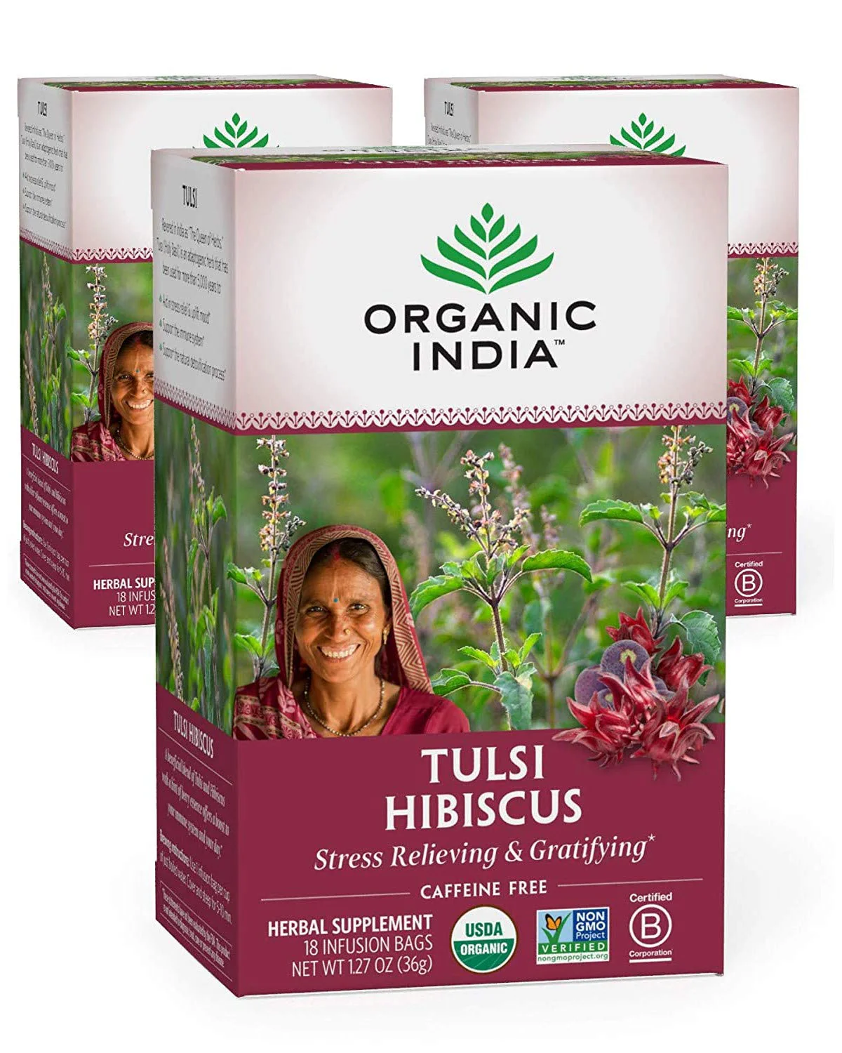 Organic India Tulsi Hibiscus Herbal Tea - Stress Relieving & Gratifying, Immune Support, Adaptogen, Vegan, USDA Certified Organic, Non-GMO, Calming