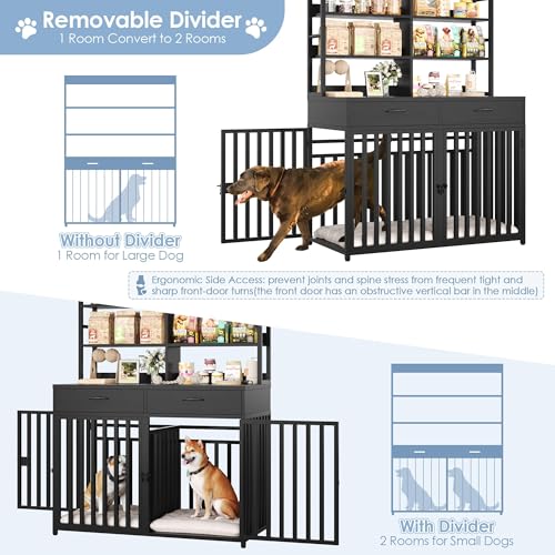 Keyluv 71''H x 47.2''W Large Dog Crate Furniture with 4-Tier Shelves and 2 Storage Drawers, Heavy Duty Dog Cage Furniture with 2 Doors