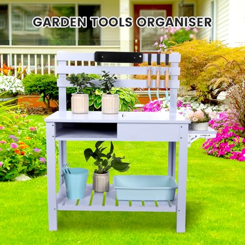 Potting Bench Table Outdoor Garden Table Wooden Work Station Outdoor Garden Work Bench Platform with 3 Side Hook Shelf Natural Wood Rice-White