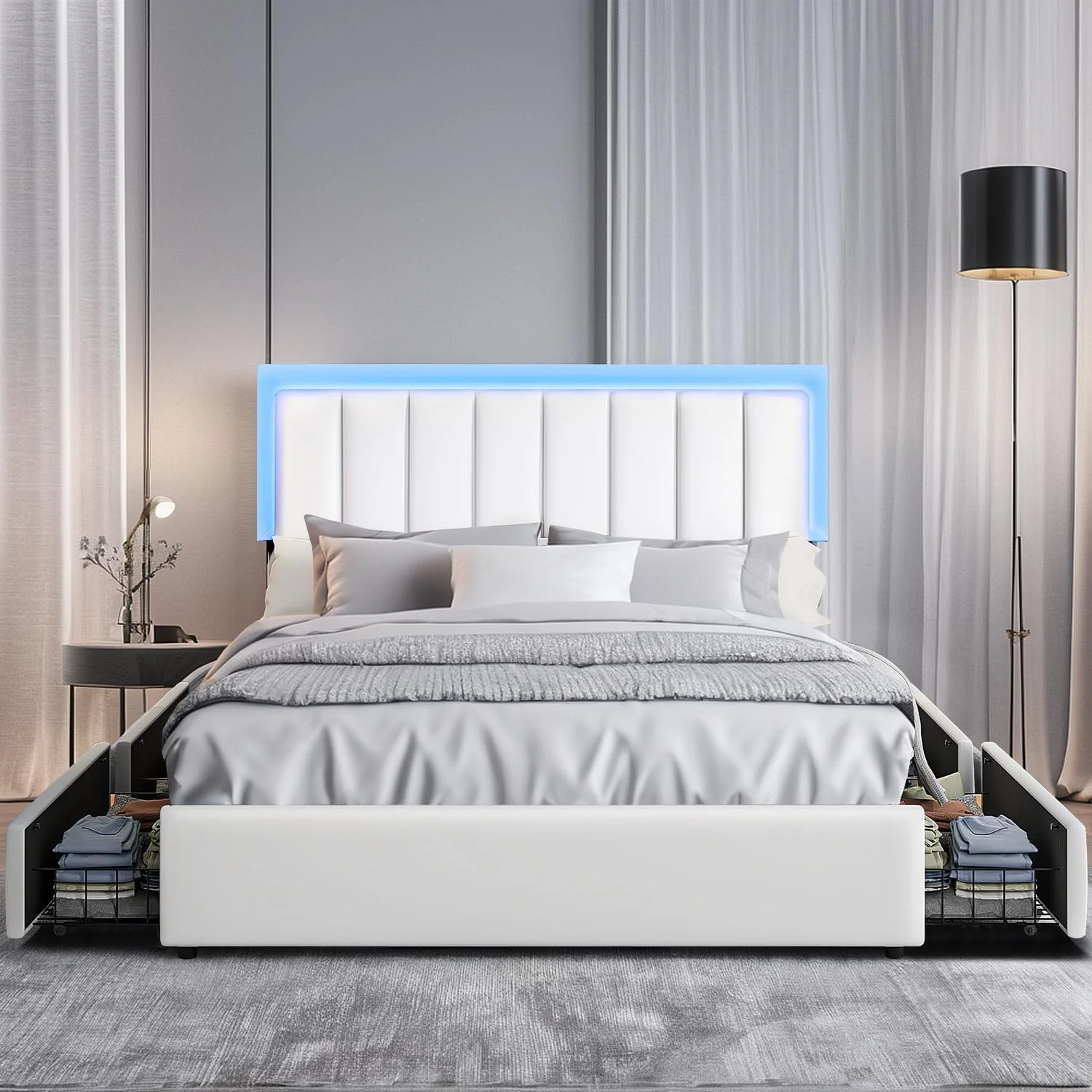 Queen Size Bed Frame with Smart LED Lights Headboard & 4 Drawers, Upholstered Bed Frame Queen with Storage, Modern Faux Leather White Bed Frame