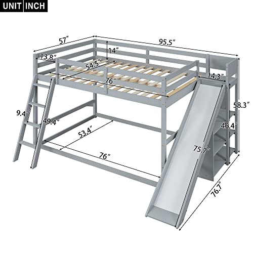 Full-Over-Full Castle Style Bunk Bed with 2 Drawers and 3 Shelves, Wood Bunk Bed Frame with Slide and Storage Staircase for Kids Teens Boys Girls