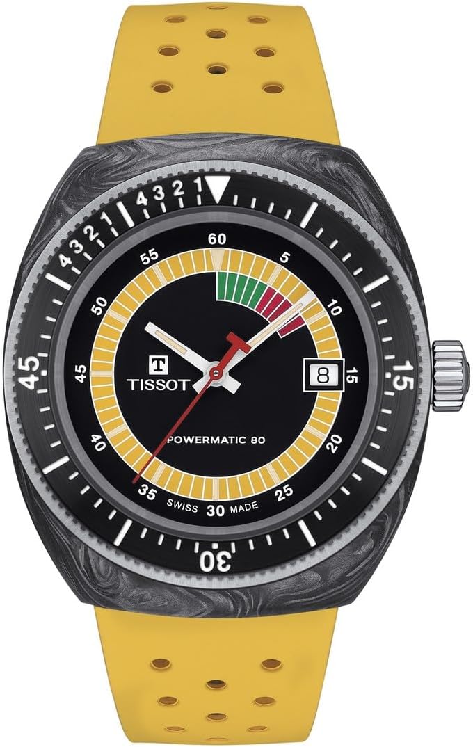 Tissot Unisex Sideral S Powermatic 80 316L Stainless Steel case with Black and Grey Marbled Forged Carbon Automatic Watches, Yellow, Rubber