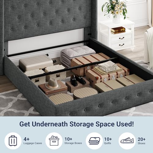 Allewie Full Size Lift Up Storage Bed, Modern Wingback Headboard, Hydraulic Support, No Box Spring Needed, Light Beige