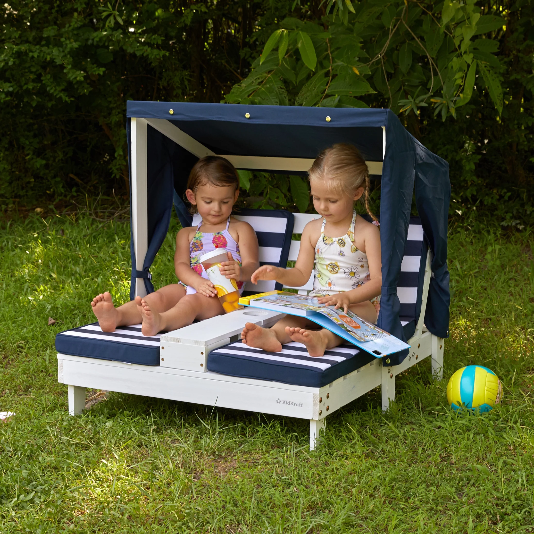 KidKraft Wooden Outdoor Double Chaise Lounge with Cup Holders, White with Navy and White Stripes