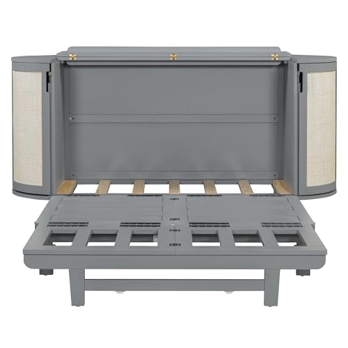 Queen Size Farmhouse Murphy Bed Cabinet with Charging Station, Foldable Platform Bed Frame with 2 Storage Drawers
