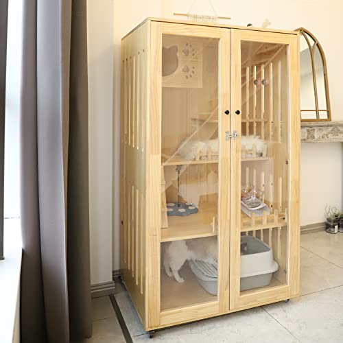 Laifug Catio Indoor Cat Enclosure Large Cat House for Mulitiple Cats, with Scratching Post and Lockable Wheels Double Layer with Escape Door