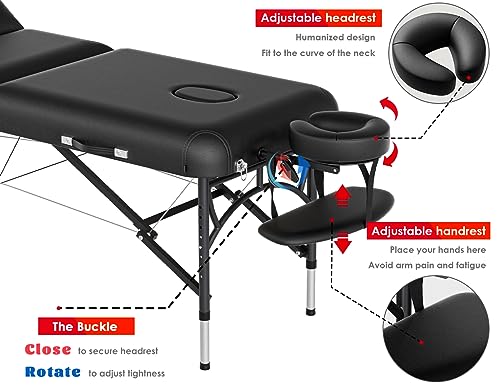 CLORIS 84" Professional Massage Table Portable 2 Folding Lightweight Facial Solon Spa Tattoo Bed Height Adjustable with Carrying Bag & Aluminium Leg