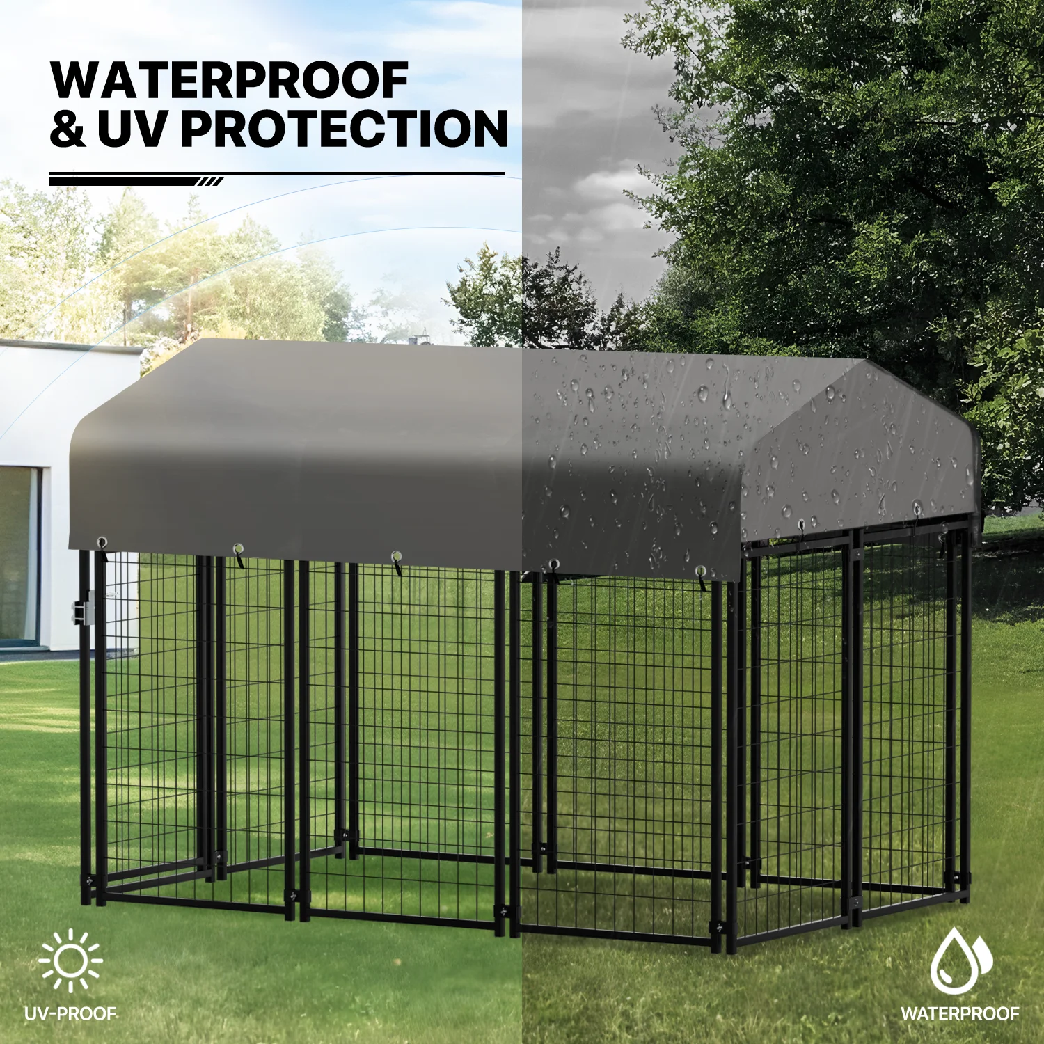 MoNiBloom 4ft x 6.25ft x 4.50ft Heavy Duty Outdoor Dog Kennel with Waterproof Canopy, 10 Panels Expandable Dog Playpen with Latch