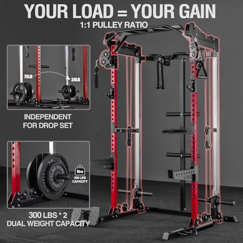 Mikolo Power Cage, 2000LB Power Rack with Independent Dual Pulley System, Multi-Function Home Gym Workout Machine for Cable Crossover
