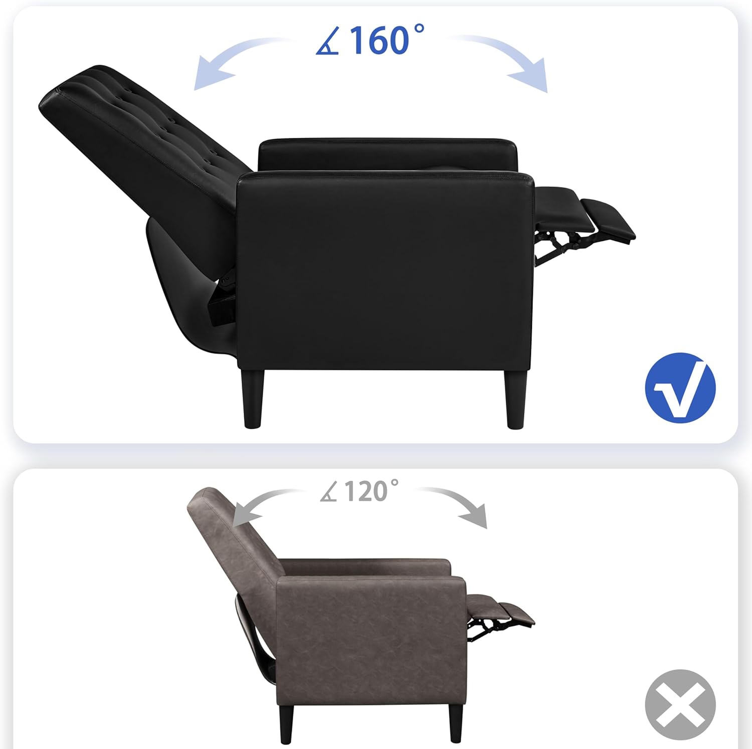 TJUNBOLIFE Faux Leather Recliner Sofa Mid-Century Modern Single Reclining Chair Adjustable Back &amp