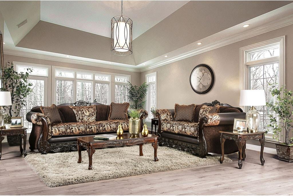 Traditional Brown & Gold Chenille Sofa and Loveseat FOA Newdale