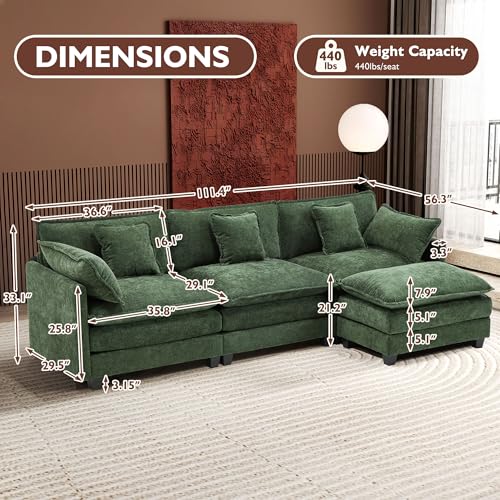 Ihanherry 111.4" U Shaped Modern Cloud Sofa Modular Sectional Couch with 2 Ottoman, 5-Seat Chenille Deep Seat Sofa with Pillow for Living Room