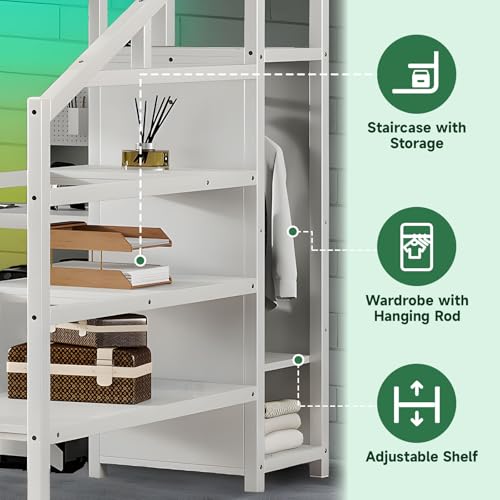 Queen Size Metal Loft Bed with L Shaped Desk and Wardrobe, Heavy Duty Loft Bed Frame with Storage Stairs, High Loft Bed Frame with LED