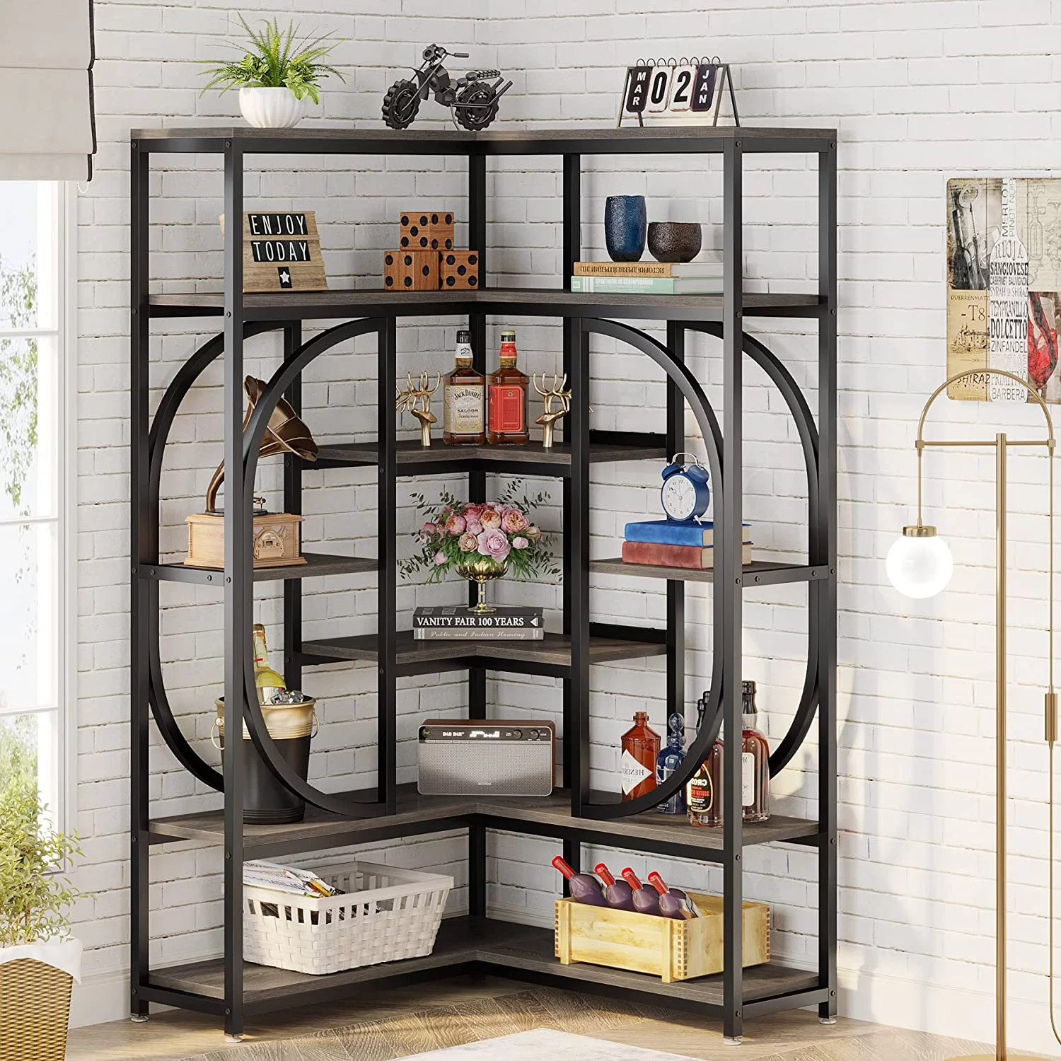 Tribesigns 7-Shelf Corner Bookshelf, L-Shaped Modern Corner Bookcase with Storage, Large Display Rack with Metal Frame for Living Room Home Office