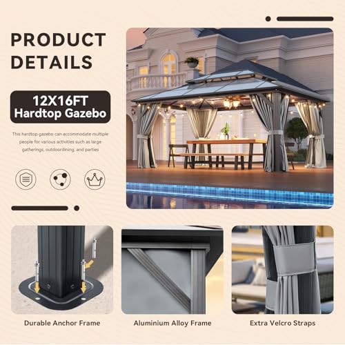 Aoxun 12'x16' Hardtop Gazebo, Aluminum Frame Permanent Pavilion with Netting and Curtains, Outdoor Polycarbonate Double Roof Canopy