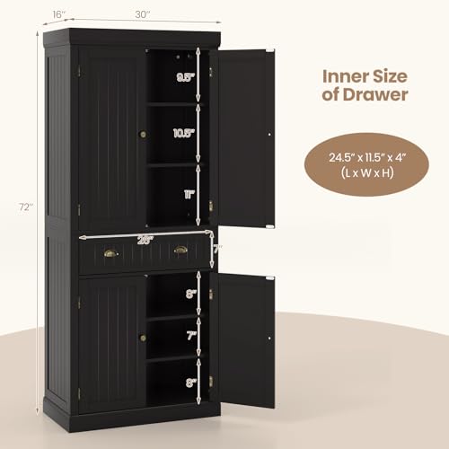 Tangkula 72" H Kitchen Pantry Cupboard Cabinet, Traditional Freestanding Large Tall Storage Cabinet with 2 Cabinets and Drawer, Adjustable Shelves