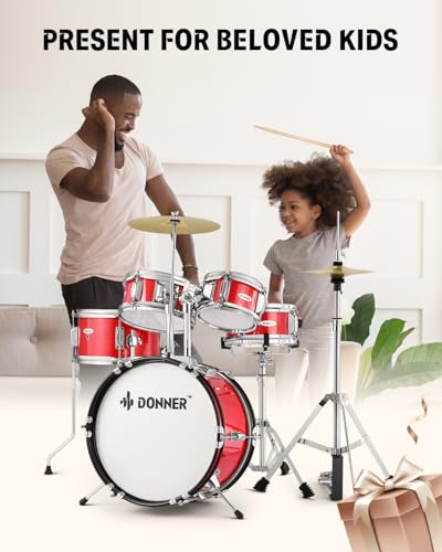 Kid Drum Sets-Donner 5-Piece for Beginners, 14 inch Full Size Complete Junior Drum Kit with Adjustable Throne, Cymbal, Hi-Hat, Pedal & Drumstick