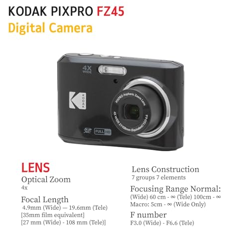 KODAK PIXPRO FZ45 16MP Digital Camera with 4X Optical Zoom 27mm Wide Angle and 2.7" LCD Screen Bundle with 32GB SD Memory Card, AA Batteries (4 Pack)