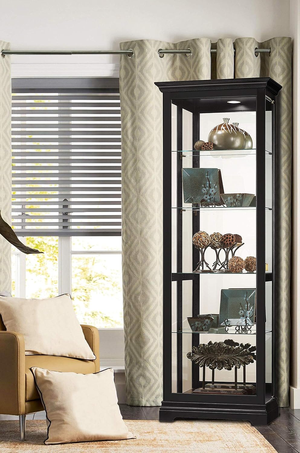 Howard Miller Brantley II Curio Cabinet 680-672 – Black Satin Finish, Vertical Home Decor, Four Glass Shelves, Five Level Display Case