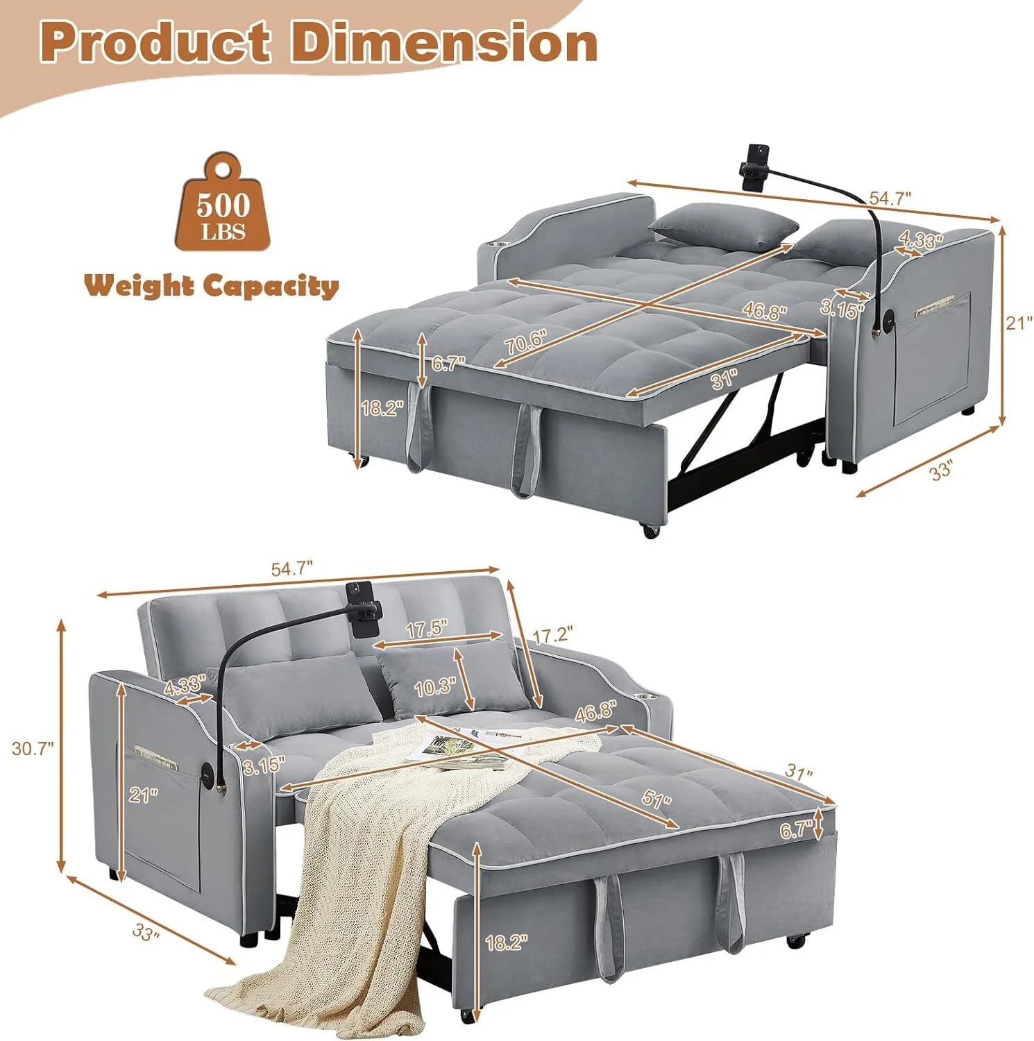 Convertible Sofa Bed with Pull Out Bed - 55" Tufted Velvet Loveseat Sleeper Sofa Adjustable Back with USB Port Ashtray Swivel Phone Stand