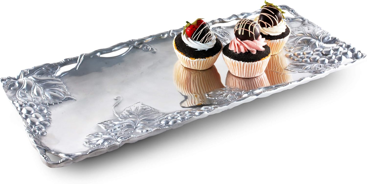 Arthur Court Metal Grapevine Oblong Serving Tray Grape Pattern Sand Casted in Aluminum with Artisan Quality Hand Polished Design Tarnish-Free 19 inch