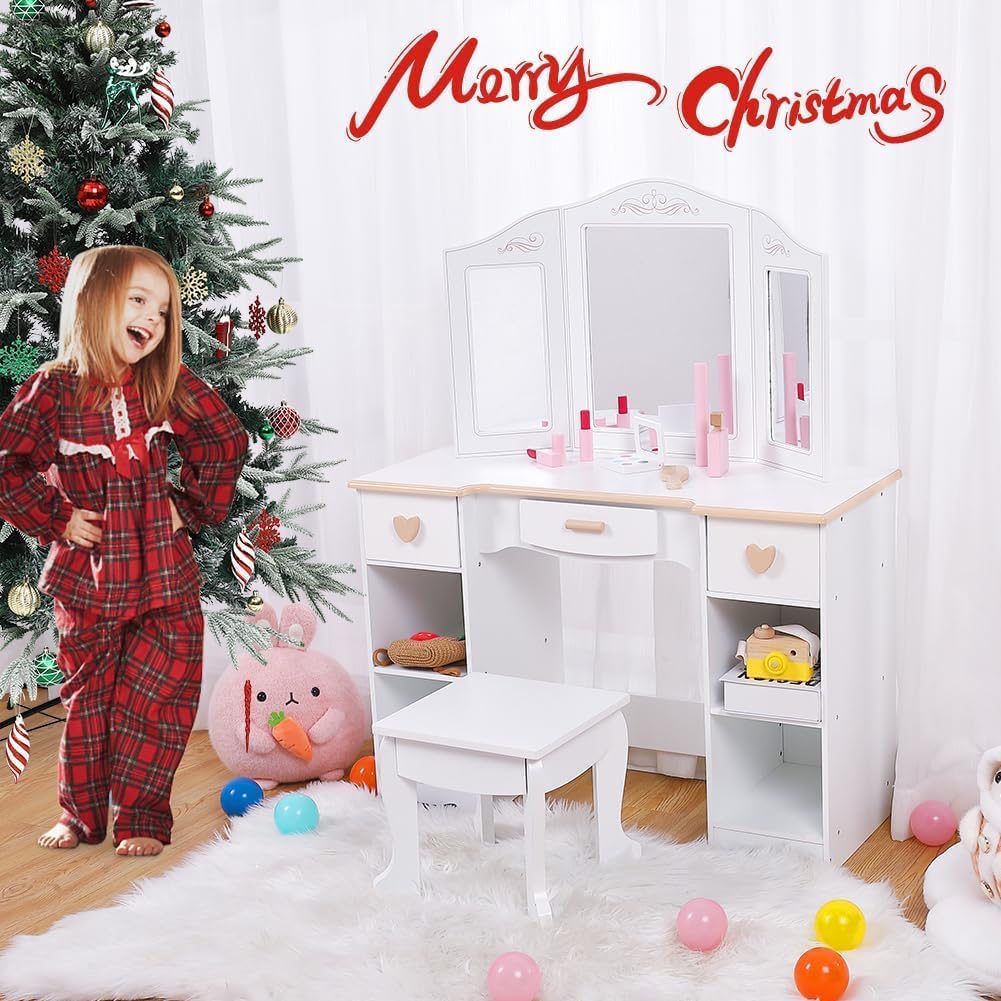 GAOMON Princess Vanity Set for Toddlers - Kids Vanity with Mirror, Stool, and Wood Makeup Playset, White