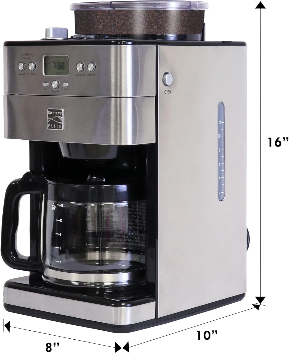 Kenmore Elite Grind and Brew Coffee Maker w/ Burr Grinder, 12 Cup Programmable Automatic Timer Brew Coffee Machine, Air-Tight Bean Hopper