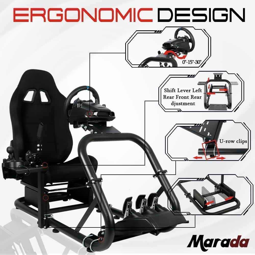 Marada Racing Simulator Cockpit with Comfort Seat Fit for Logitech/Thrustmaster/Fanatec G25 G27 G29 G920 G923 T300,Adjustable Sim Gaming Stand