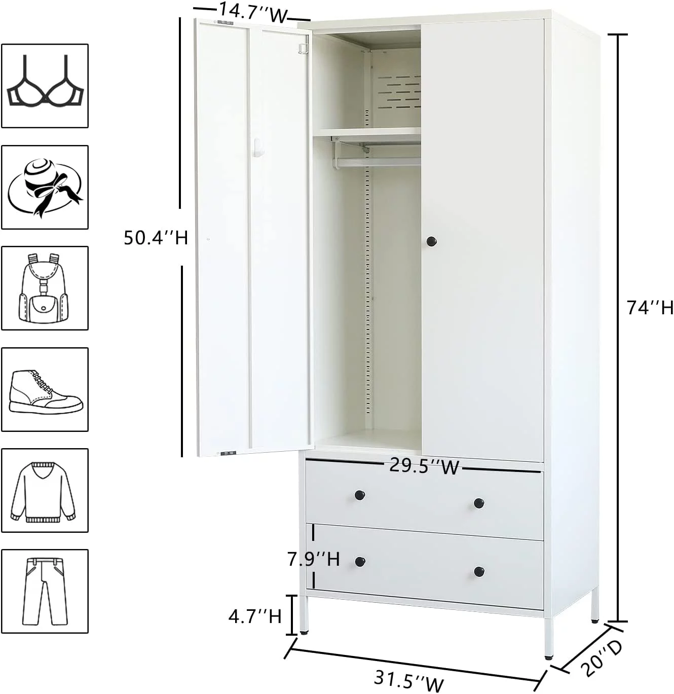 WANHUI Metal Storage Wardrobe with Hanging Rod, Armoire with 2 Doors and 2 Drawers，Steel Wardrobe Closet for Home