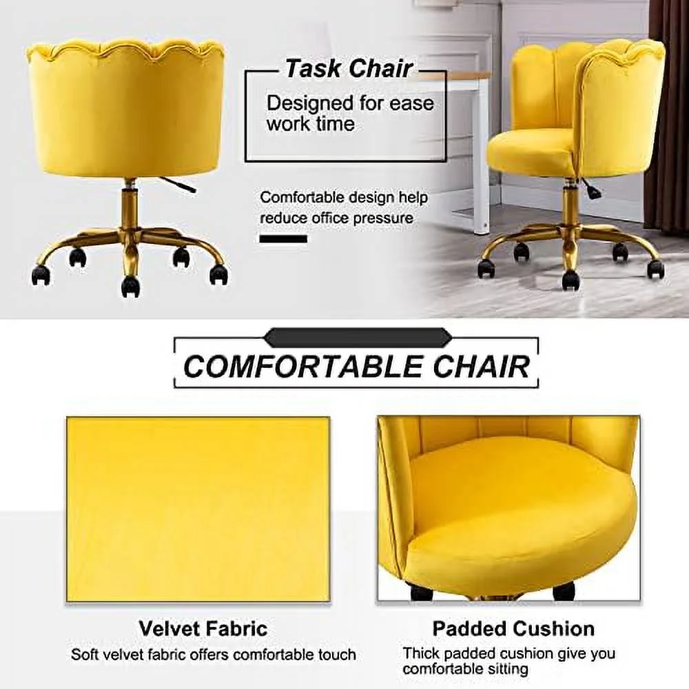 TJUNBOLIFE Velvet Desk Chair  Modern Upholstered Home Office Computer Chair with Gold Base  Elegant Vanity Chair Cute Swivel Chair for Womens Girls