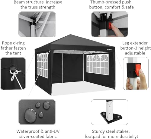 COBIZI 10x10 Pop up Canopy Tent Protable Canopy Tent with 4 Sidewalls Waterproof Commercial Instant Shelter for Parties, Wedding