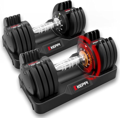 Keppi Adjustable Dumbbells Set-25lb/40lb/55lb/60lb, Anti-Slip Metal Fast Adjust Weight Handle, Exercise & Fitness for Full Body Workout