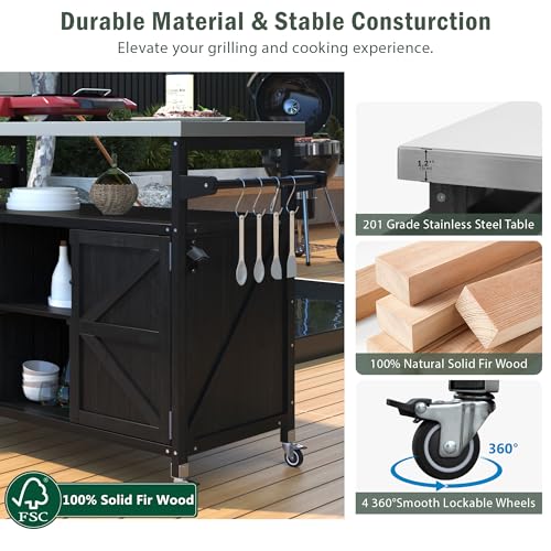 Farmhouse Kitchen Island with Power Outlet, Drop Leaf, Spice Rack and Drawer,Rolling Kitchen Cart on Wheels