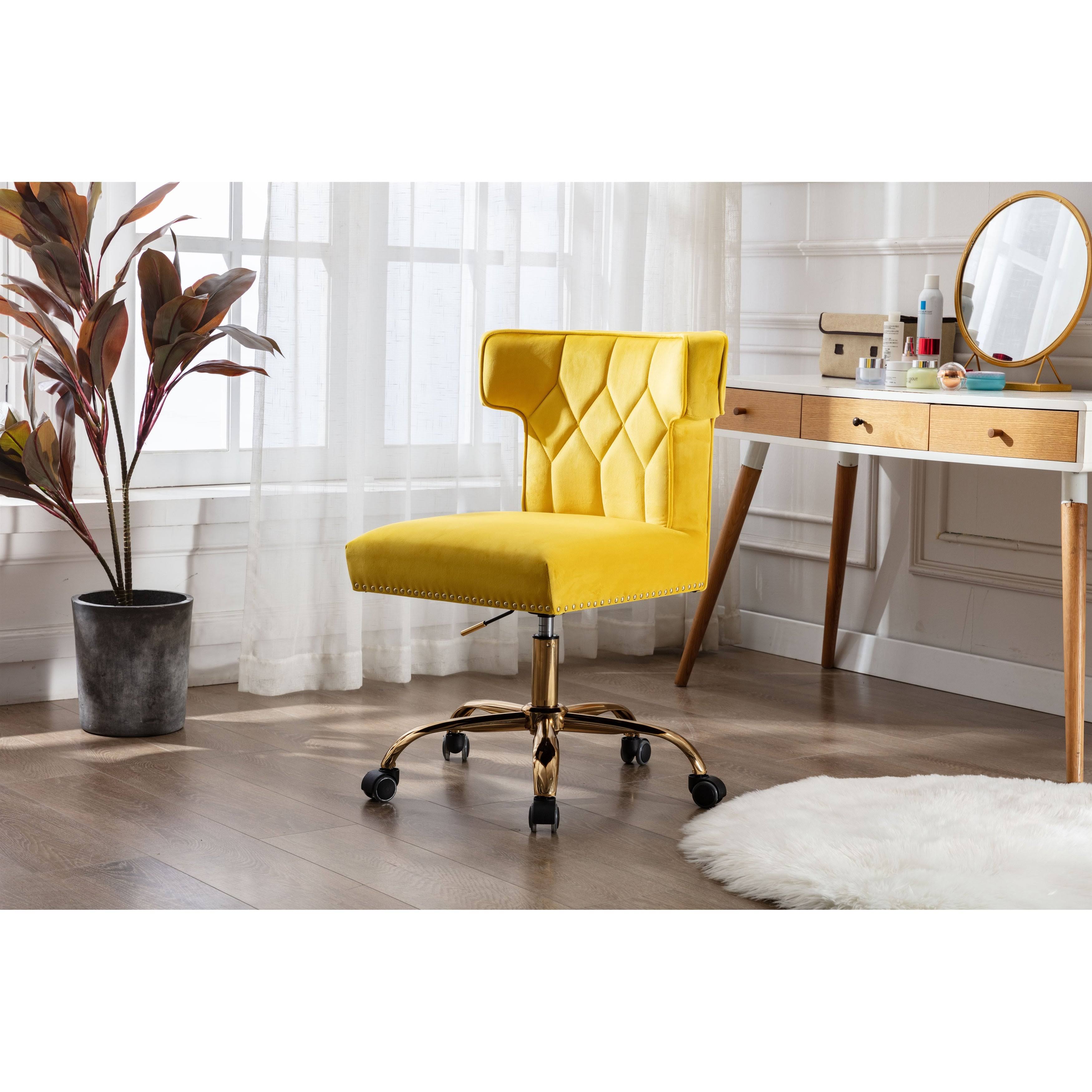 HOMEFUN Navy Velvet Upholstered Swivel Homeoffice Height Adjustable Task Chair with Gold Base and 360° Castor Wheels, Blue