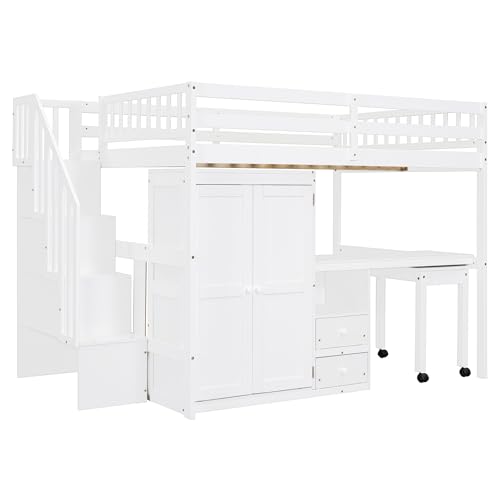Harper & Bright Designs Twin Size Loft Bed with Stairs and Bookshelf, Wood Twin Storage Bed with Desk & Wardrobe