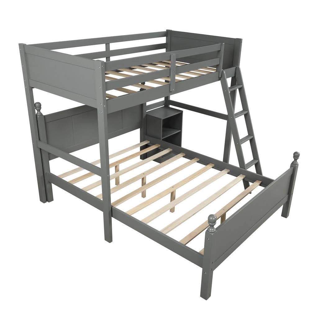 Euroco Wood Twin Over Full Bunk Bed with Storage Cabinet, Gray